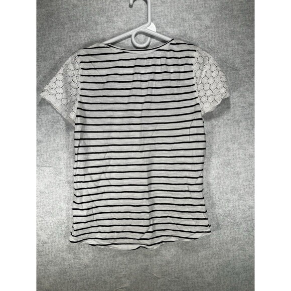 Hinge Women's Small Top Short Sleeve Scoop Neck Lace Sleeves Navy/White Striped - Picture 6 of 6